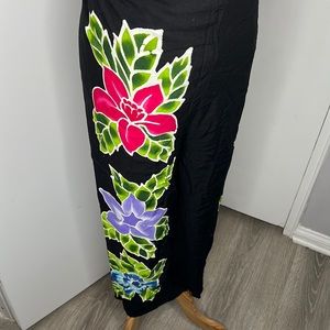 Palazzo Beach Lounge Pants One Size OS Tie Floral Black Slit Cotton Cover Up